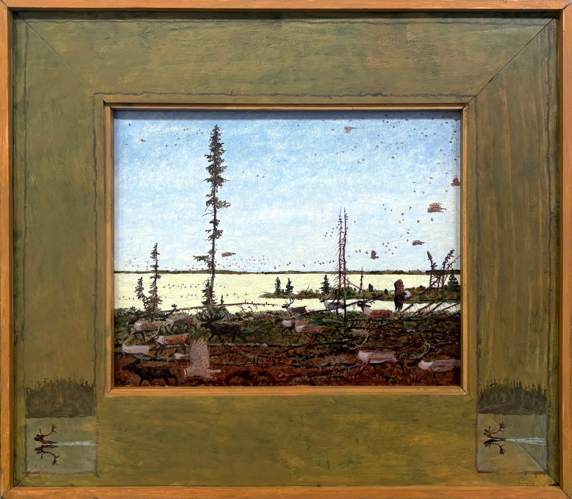 Tom Uttech, Ombibide, 2025, oil on board, 13 x 15 inches, including artist&amp;#39;s hand painted frame