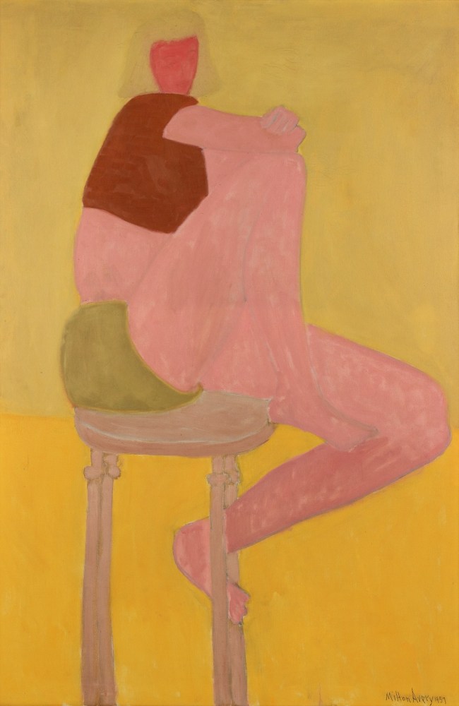 Abstracted painting of a figure seated on a stool with green shorts and a short reddish-brown shirt against a yellow background