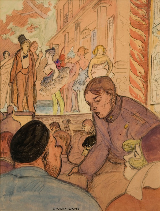 Drawing of a theater scene from the view of someone sitting in the audience