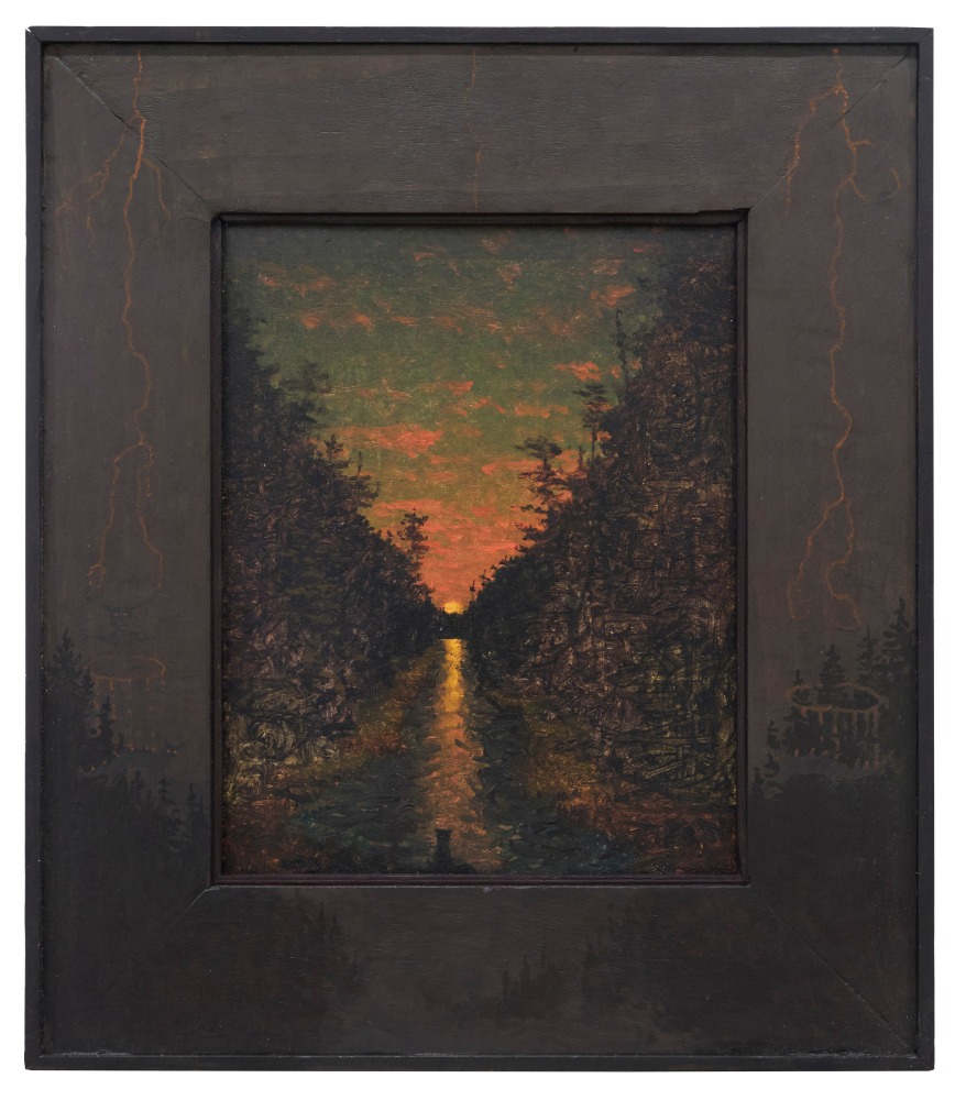Dibinawe, 2025, oil on rag board, 14 3/4 x 12 3/4 inches, including artist&amp;#39;s hand painted frame