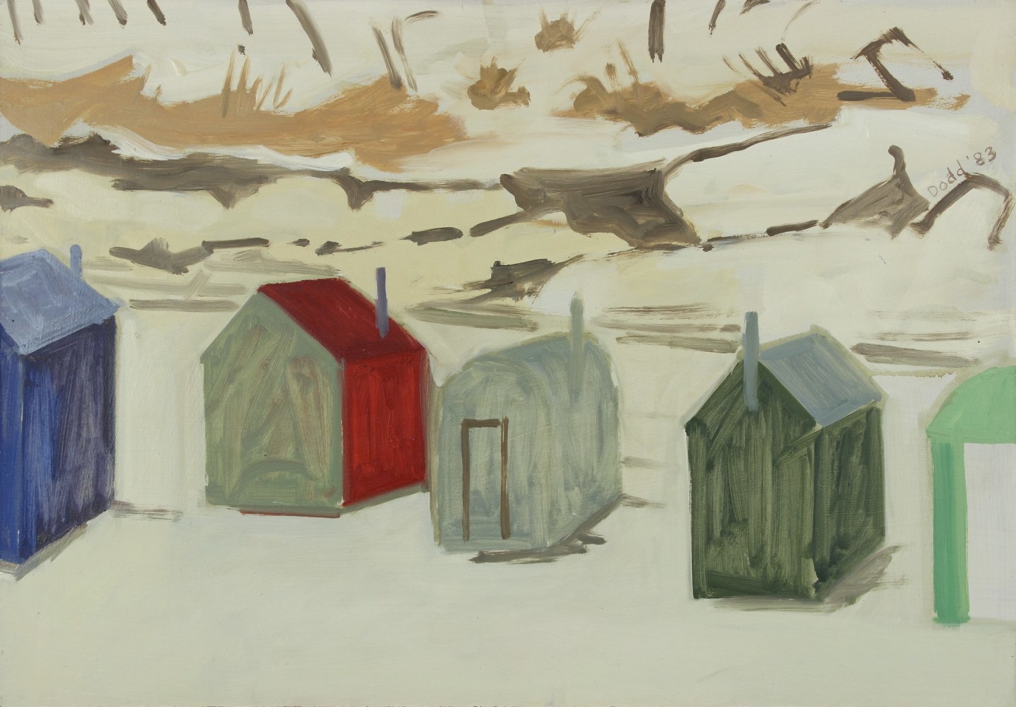 Painting of five small buildings in a winter landscape