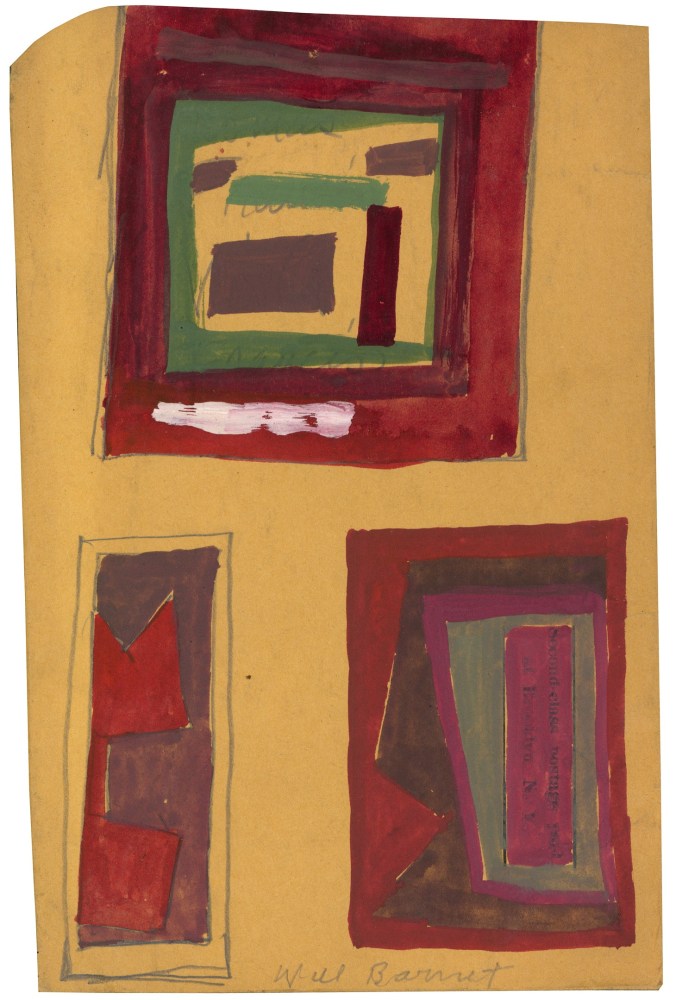 Abstract painting on paper consisting of geometric forms in red, mauve, green and pink over a tan ground