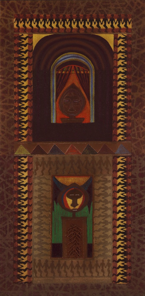 Painting with two abstracted, statue-like heads, framed and encircled with rows of abstracted figures