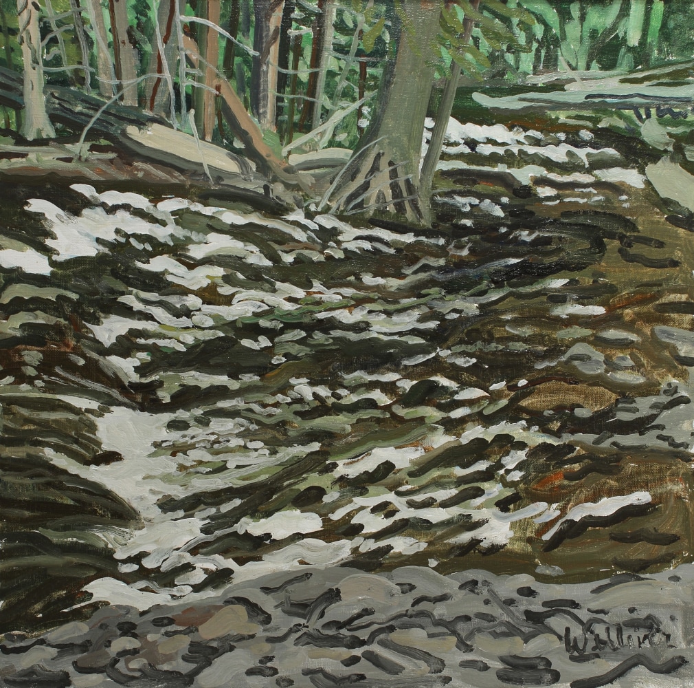 Landscape painting of a dry riverbed in a forest
