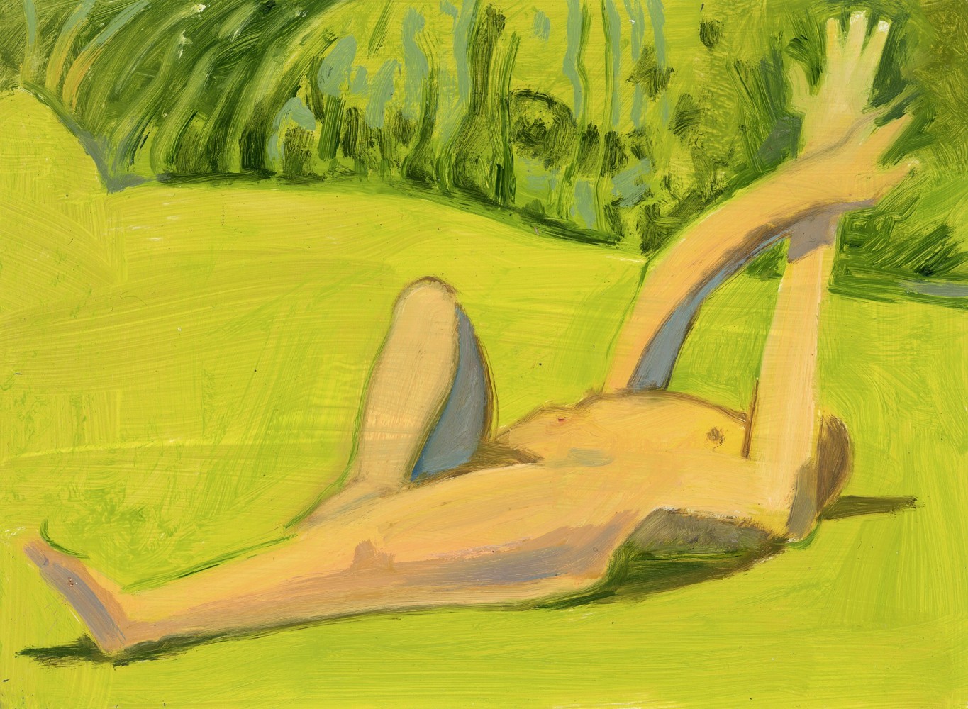 Painting of a nude figure lying on their back in the grass, with their arms crossed overhead