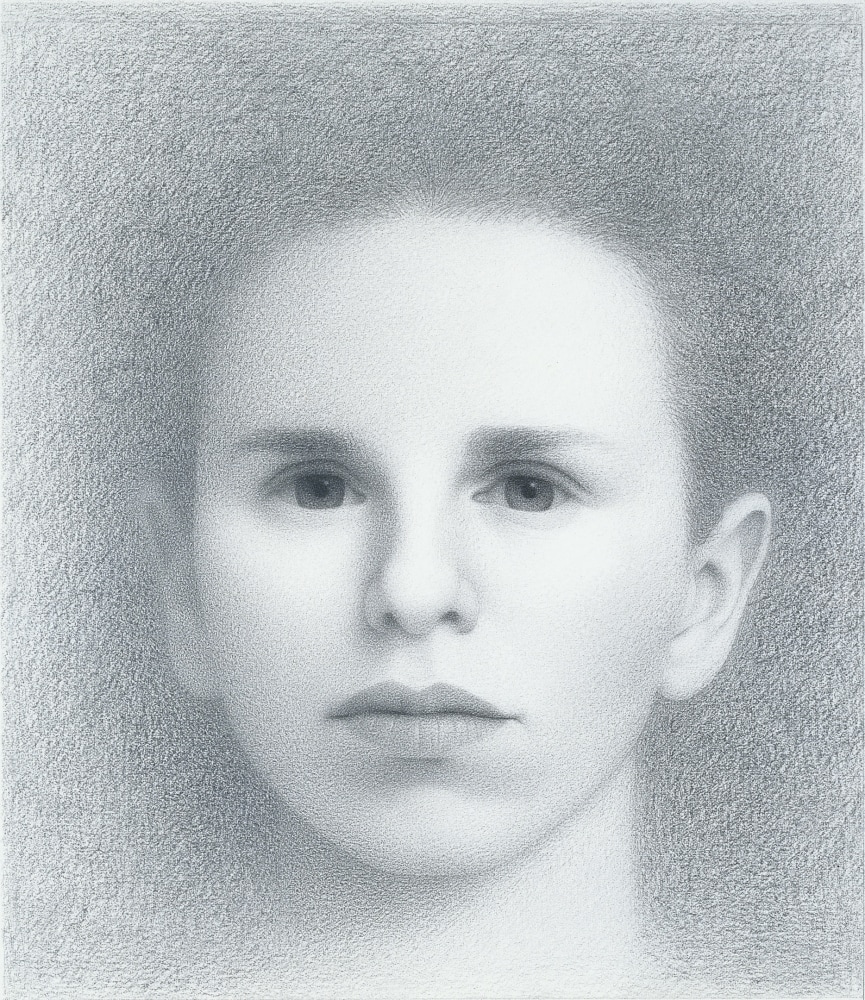 Graphite portrait of a young boy from the neck up, with his hair dissolving into the background