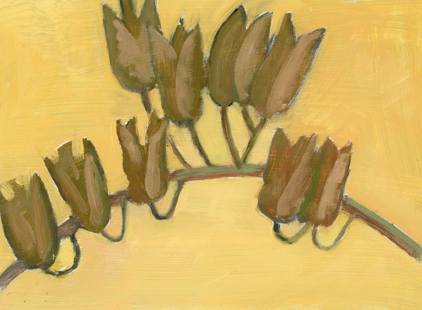 Painting of a brown branch of seed pods against a yellow ground