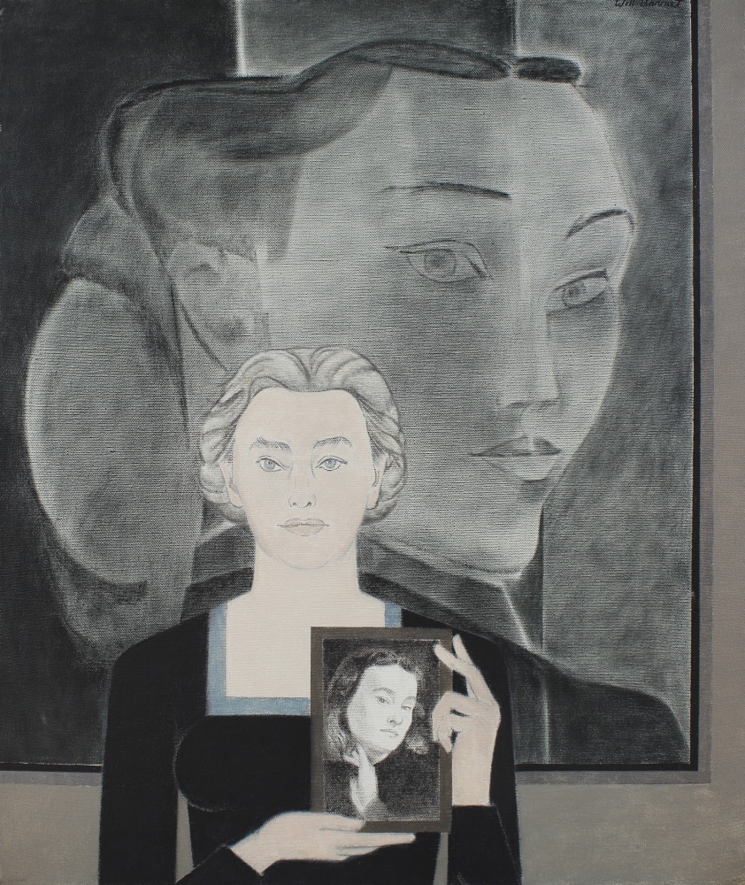 Painting of a woman holding a picture of a girl, in front of a large portrait of the same woman