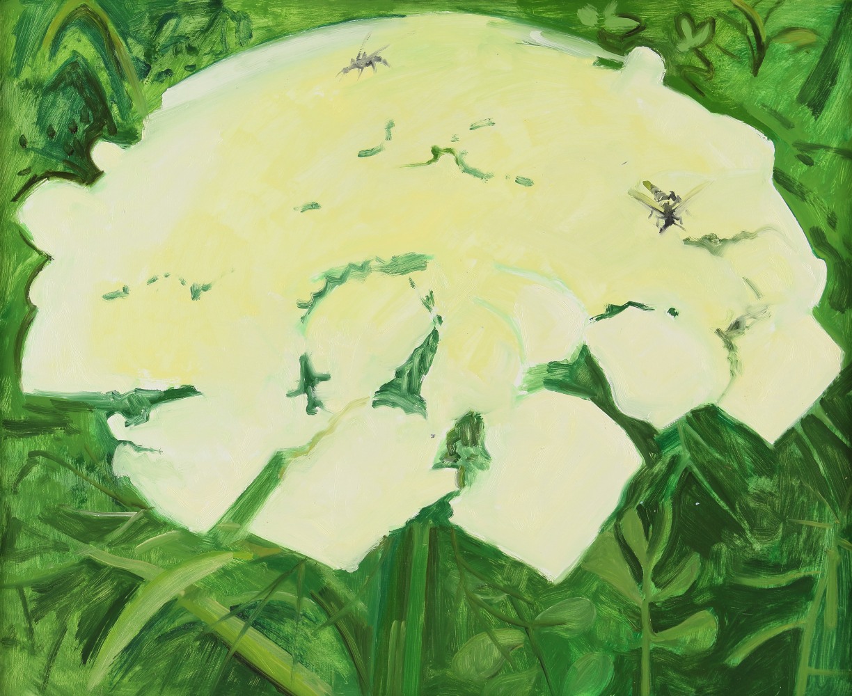 Painting of the white head of a flower surrounded by green, and two flies perched on the petals