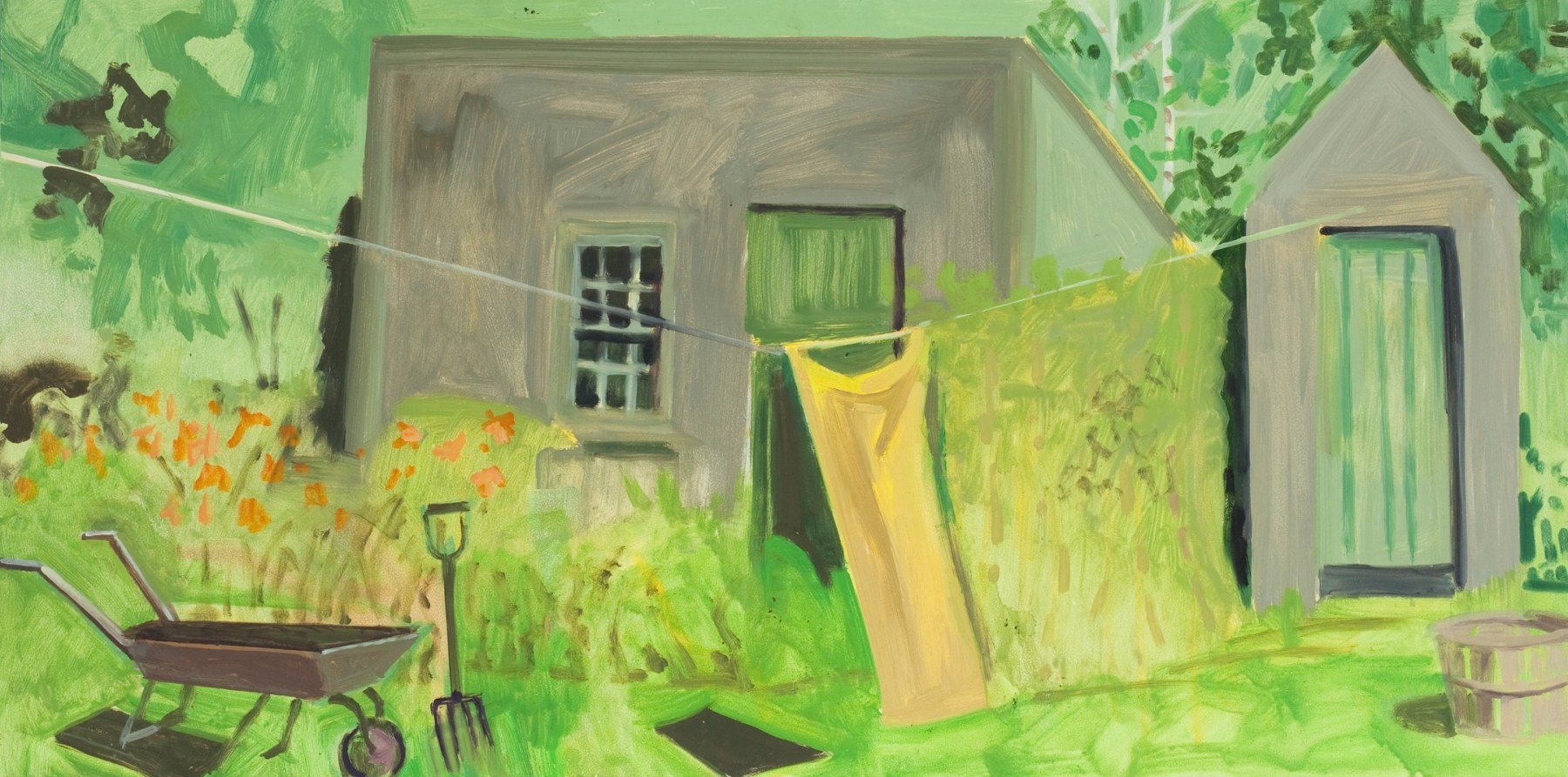 Painting of a green landscape with two small buildings, a laundry line with a yellow cloth hanging from it and various garden equipment in the grass