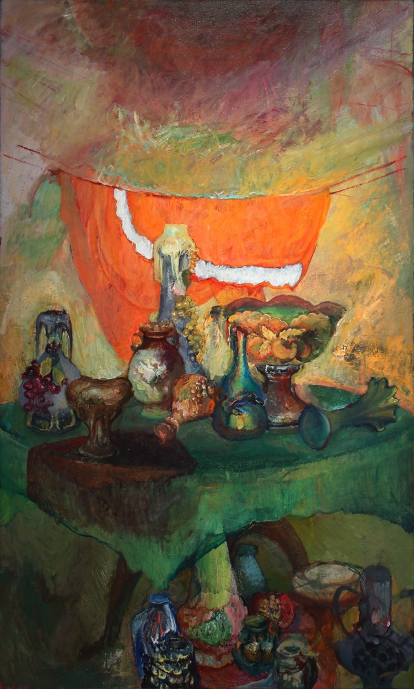 Expressionist painting of a table holding various vessels and fruit, with more vessels underneath the table and a red cloth hanging behind the table
