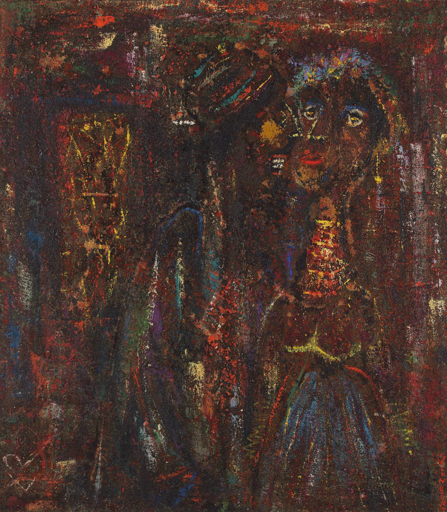 Abstracted, expressionist painting with two figures in a textured, deep red ground