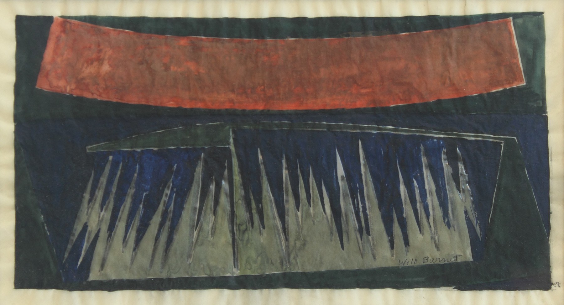 Abstract watercolor painting with geometric forms in red, grey, blue and green arranged on the surface