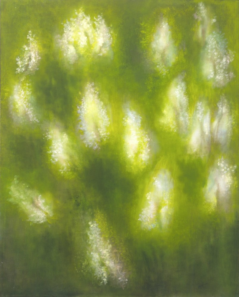 Atmospheric painting of luminous white flowers in a green field