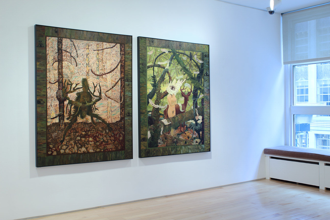 Photograph showing a view of an exhibition space with two paintings hanging on a white wall