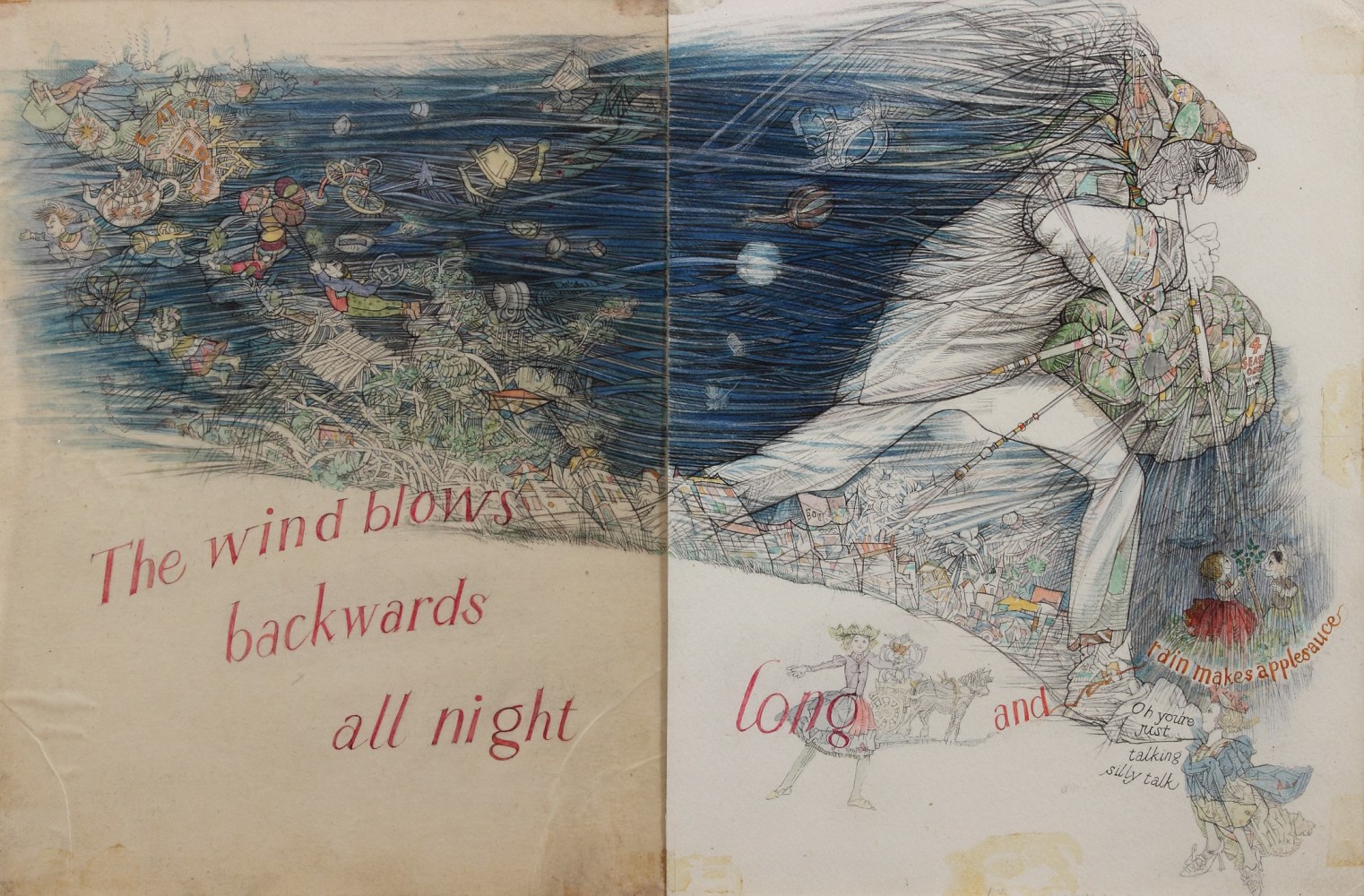 Drawing for a book illustration, with a giant figure walking through a cityscape being blown around by wind, with text that reads &quot;The wind blows backwards all night long and rain makes applesauce.&quot;