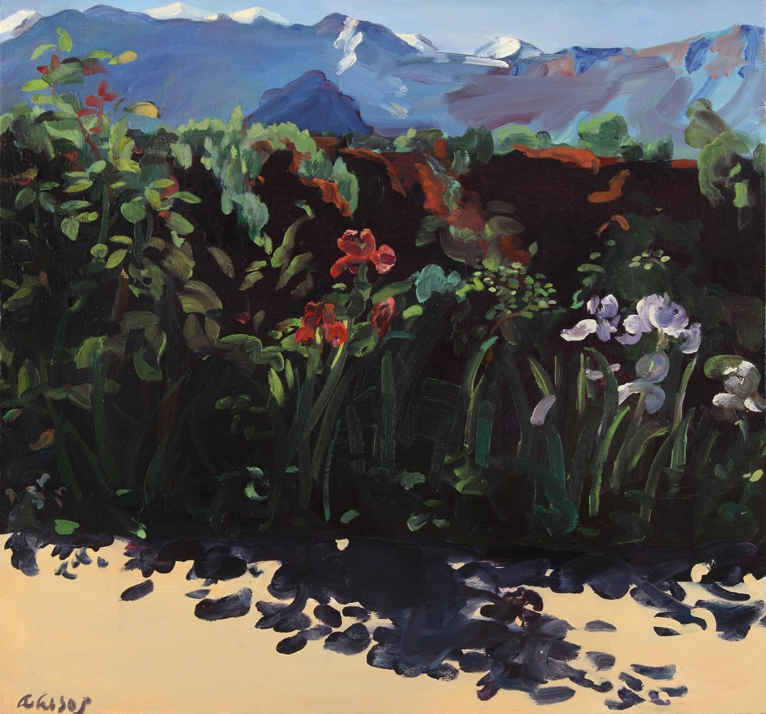 Adele Alsop, Irises with Shadows Near and Far, 2002, oil on canvas, 28 x 30 inches