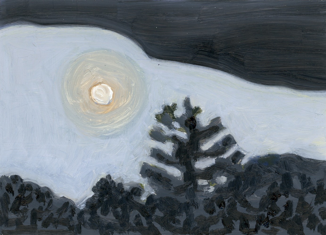 Painting of the full moon peeking out of a mass of clouds over a silhouetted tree line