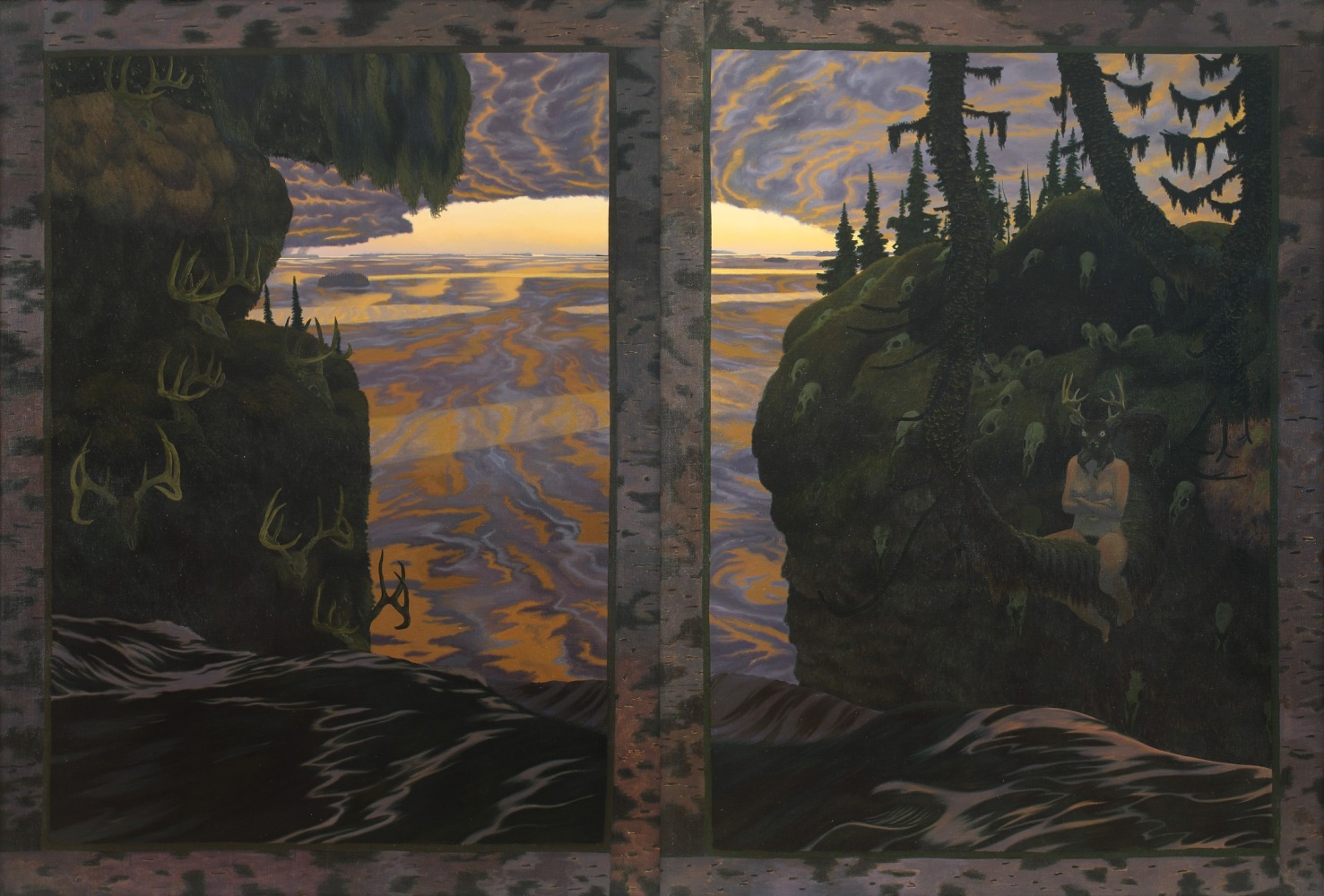 Surreal diptych with a mythical creature with the body of a human and the head of a deer perched on a tree in the midst of a psychedelic landscape covered in animal skulls, with a waterfall in the background