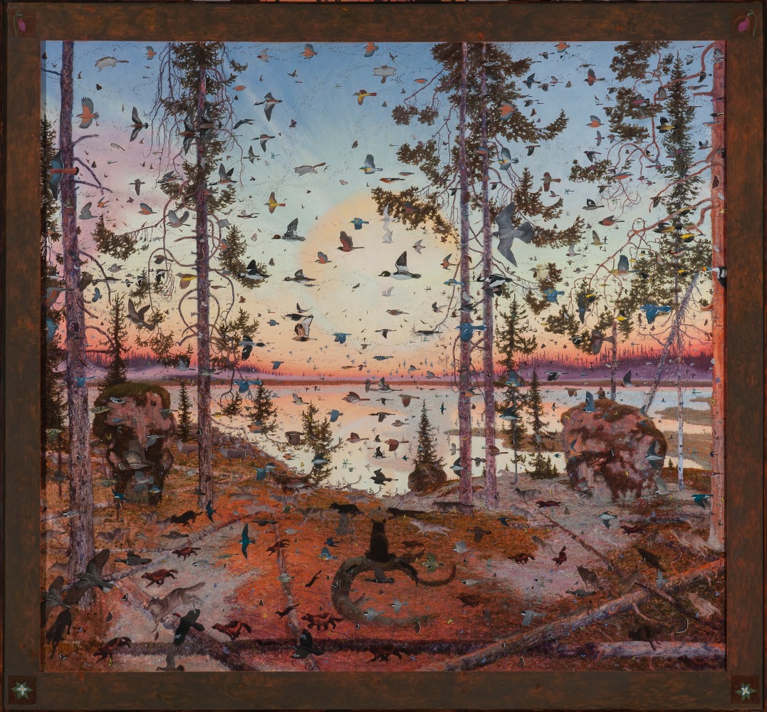 Painting of landscape with a menagerie of birds and forest creatures flying and running toward the left side of the canvas, while a bear perched on a fallen tree gazes at the sunrise in the background