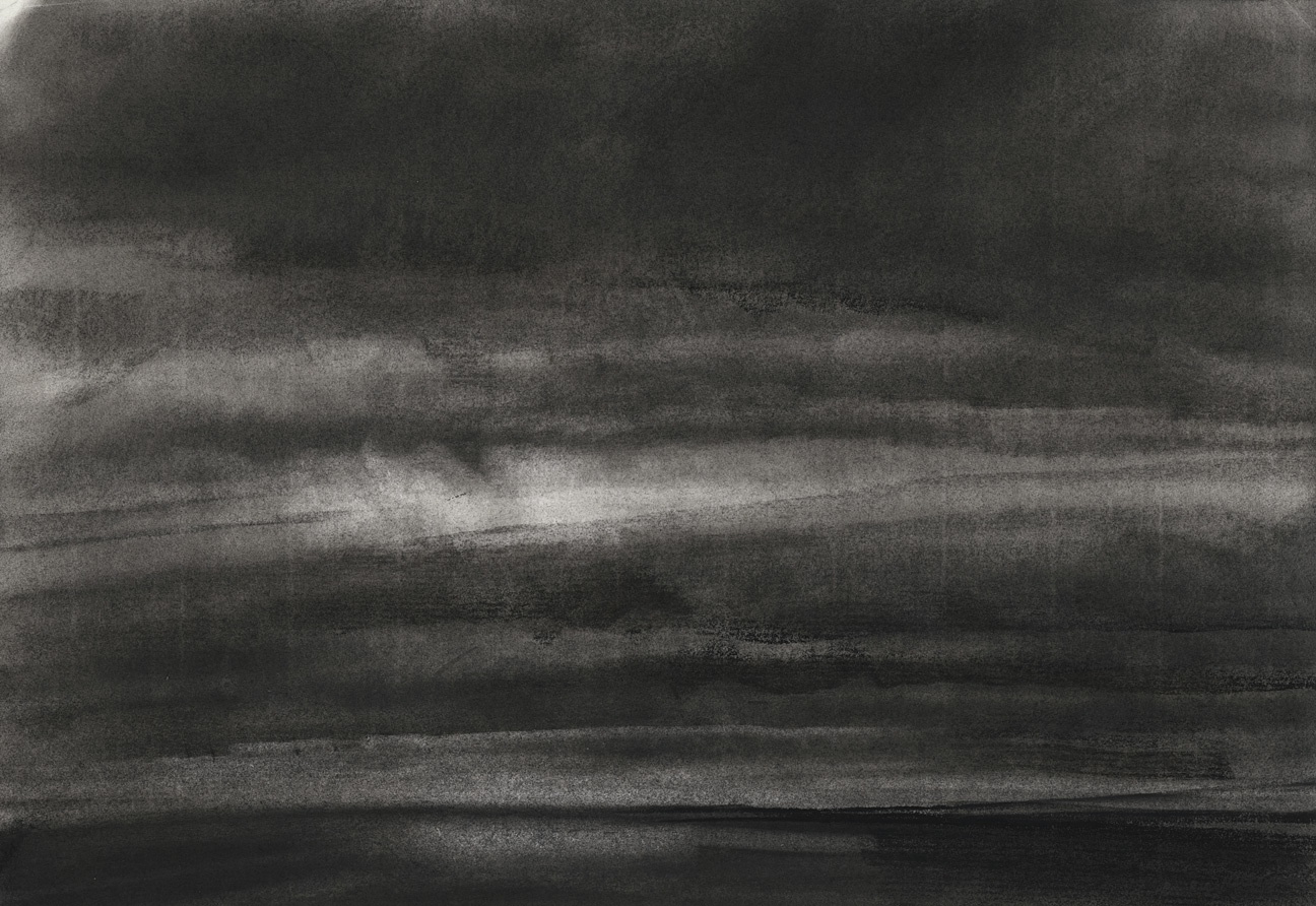 Charcoal landscape drawing of the sky and ocean at dawn or dusk, with dim sunlight coming through dark clouds and reflected off the water