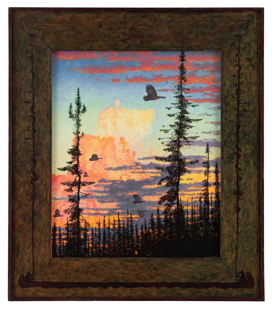 Landscape painting of a vibrant sunset with birds flying to the left and dark trees in the foreground