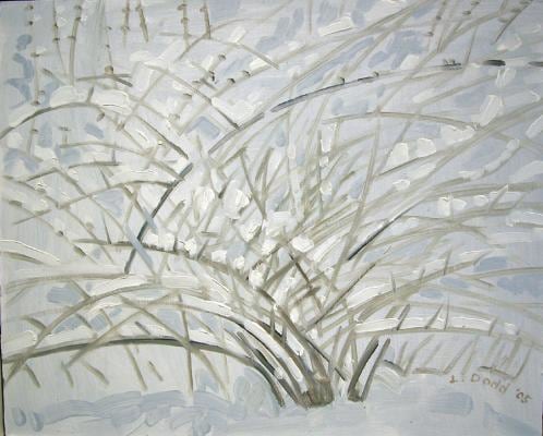 Forsythia in Snow, 2005, oil on Masonite, 11 1/2 x 14 1/4 inches