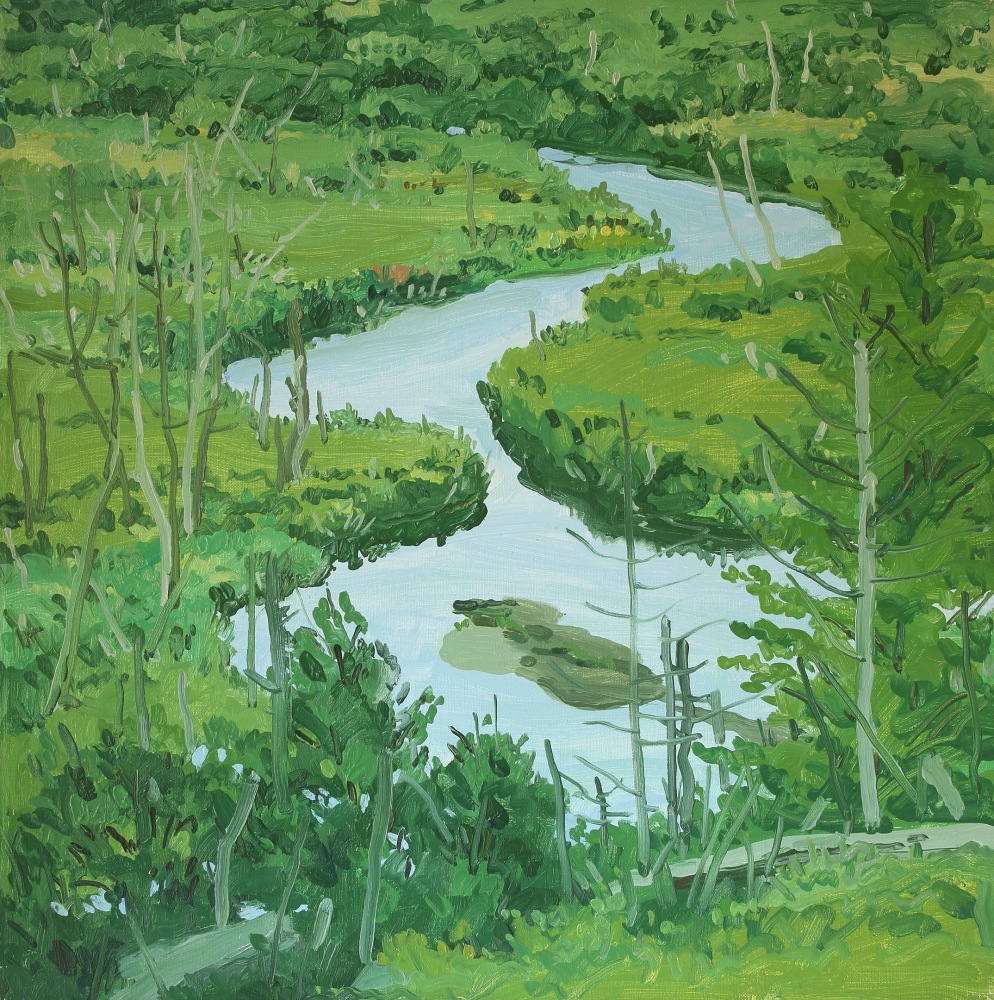 Landscape painting of a stream winding through a green meadow