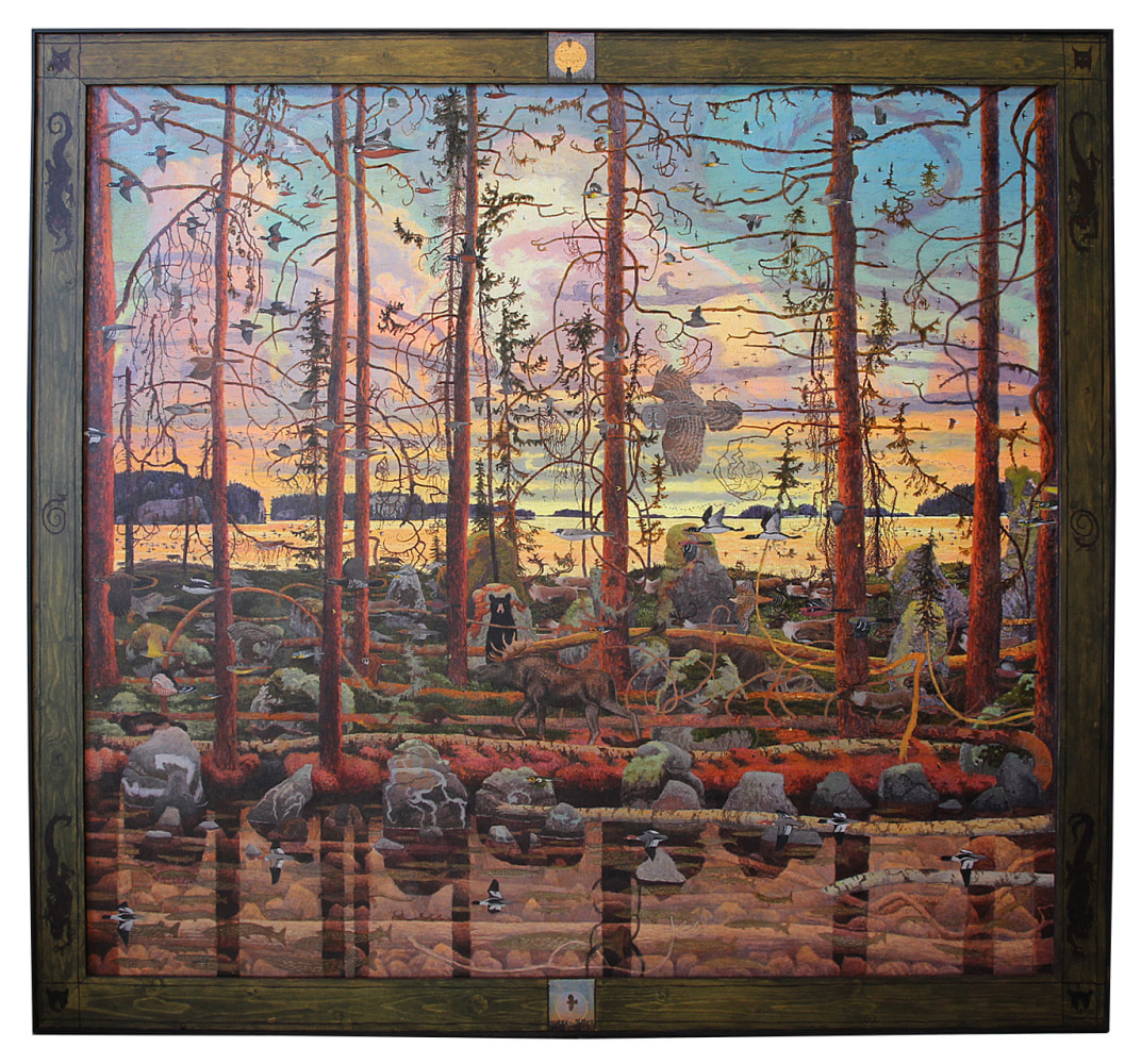 Tom Uttech, Bibagishe, 2024, oil on canvas, 67 x 73 inches, including artists&amp;#39; hand painted frame
