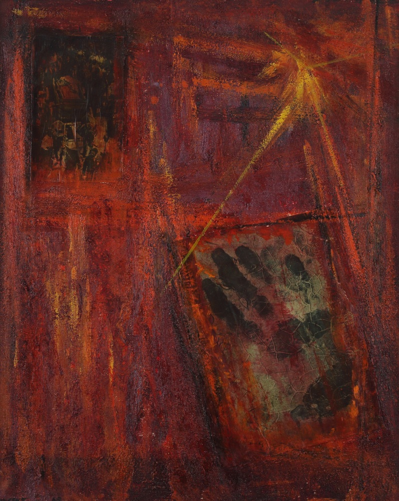 Abstracted, expressionist painting with window-like forms on a textured, deep red surface