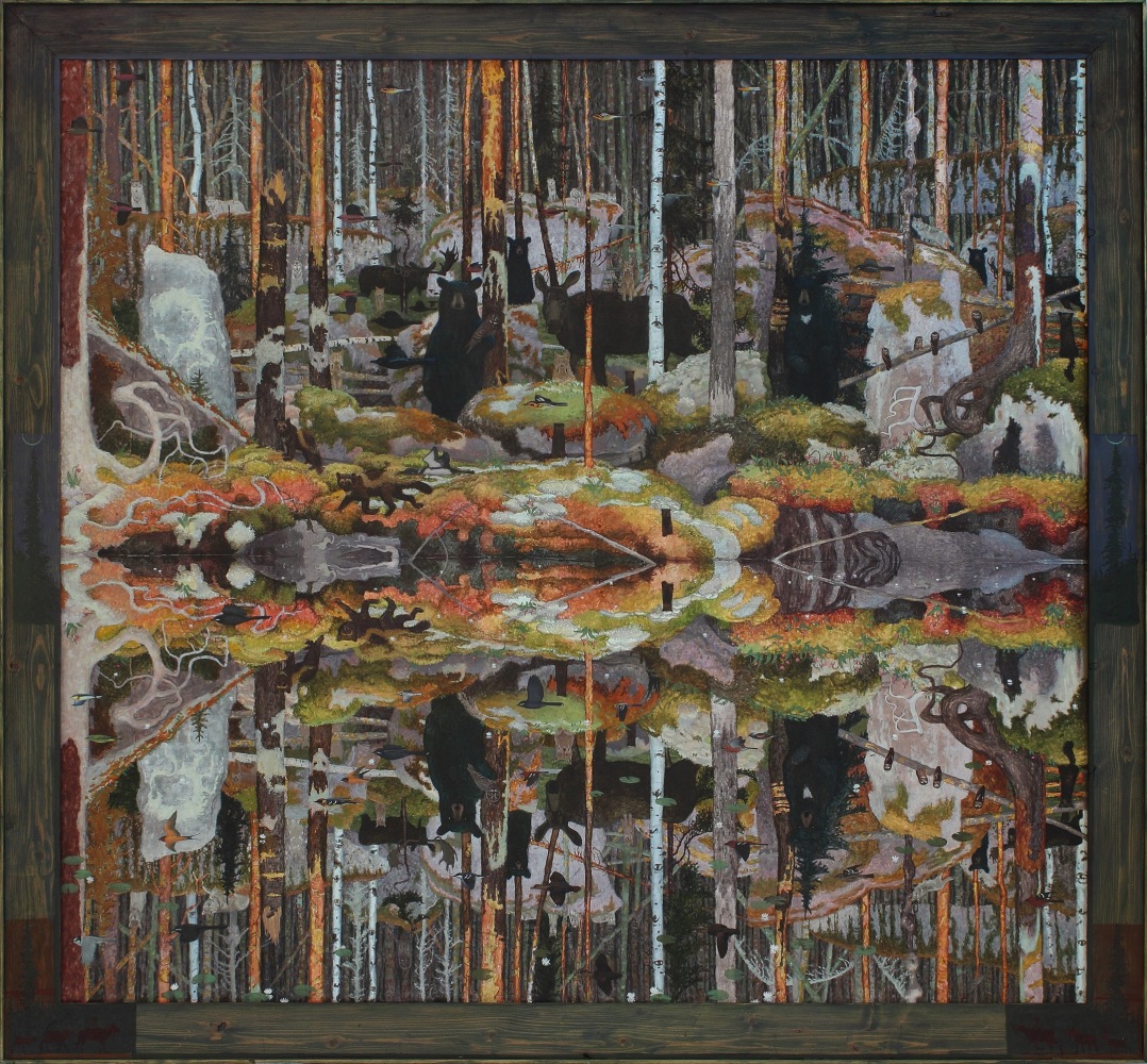 Painting of a forest landscape full of bears and other woodland creatures, reflected in a body of water below