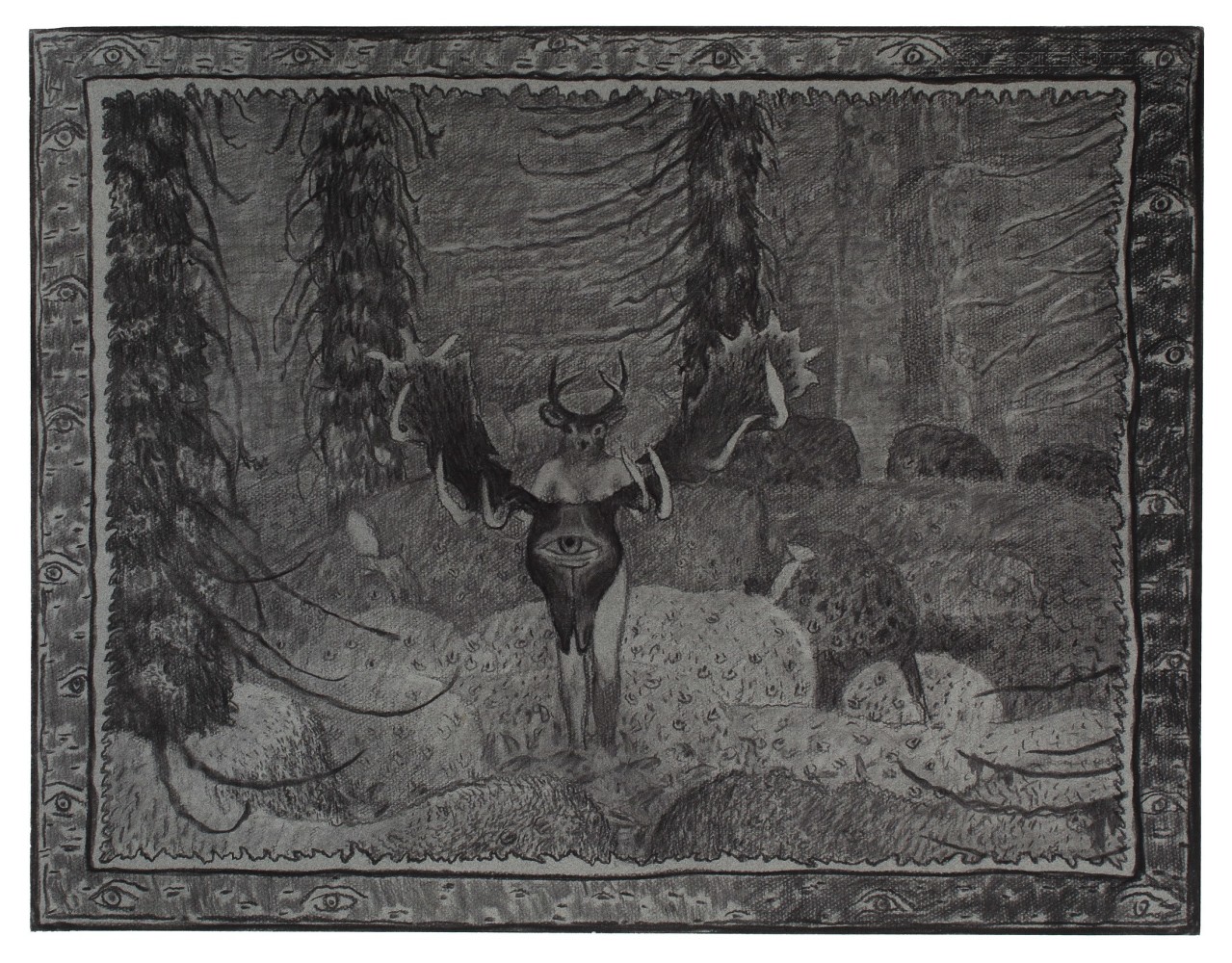 Charcoal drawing of a mythical creature with the body of a human and the head of a deer holding a large pair of antlers with an eye in the center of it, standing in the middle of a surreal forest scene