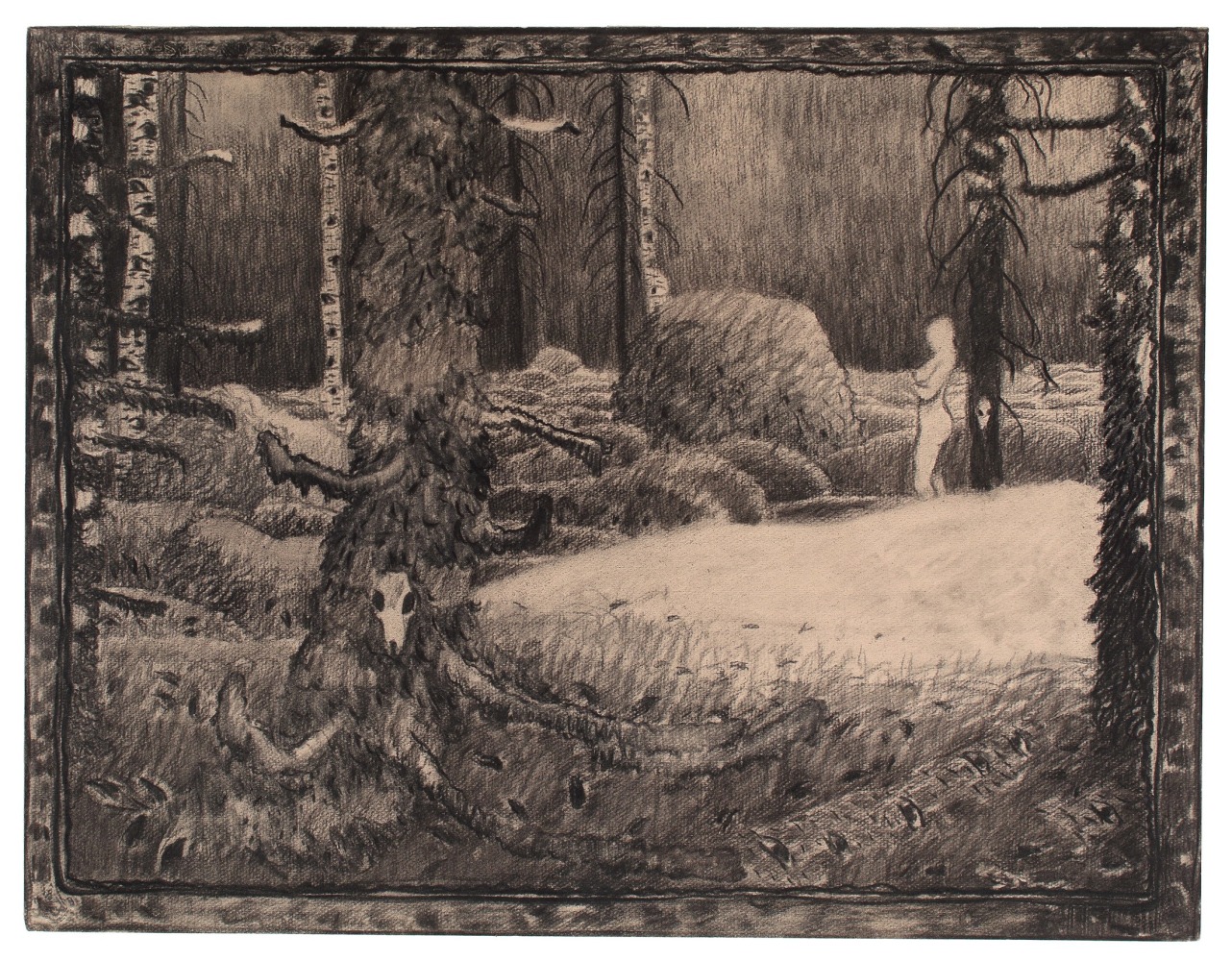 Surreal drawing of a forest scene with a nude figure standing in the background, and animal skulls in the surrounding trees