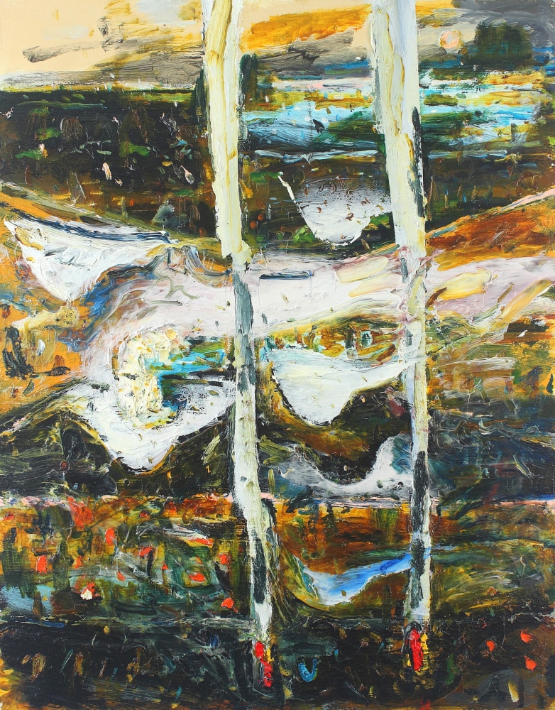 Abstract painting of a landscape with white, smoke like forms and dots of red over a yellow, black and green surface