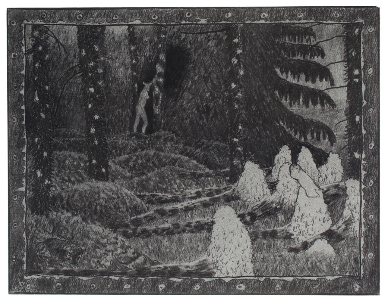 Charcoal drawing of a surreal forest scene with a figure with a human body and animal head turning to face a group of tree-like creatures in the foreground