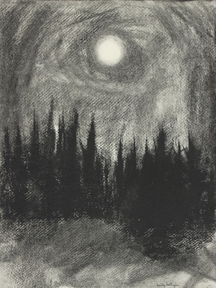 Nocturnal charcoal landscape drawing, showing a band of trees and a rising moon overhead