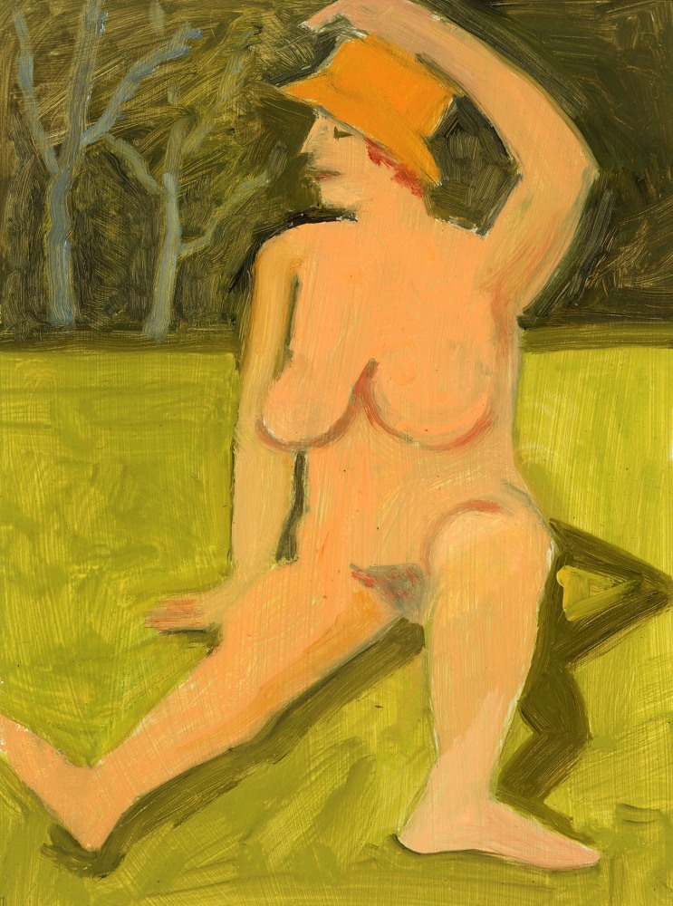 Painting of a nude figure wearing a yellow hat, seated in the grass, with right arm raised overhead and woods in the background