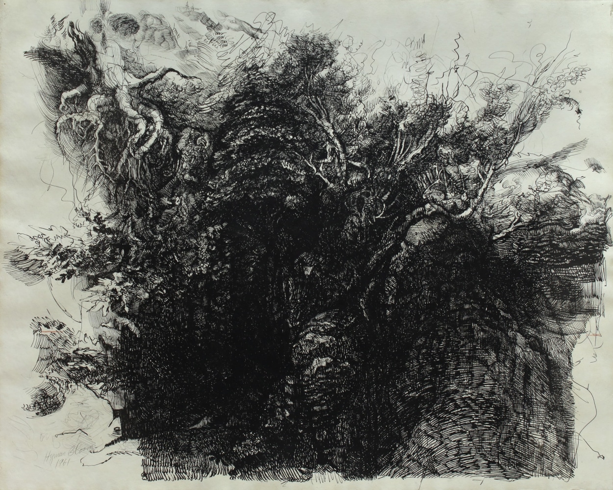 Expressionist drawing of dark tree forms