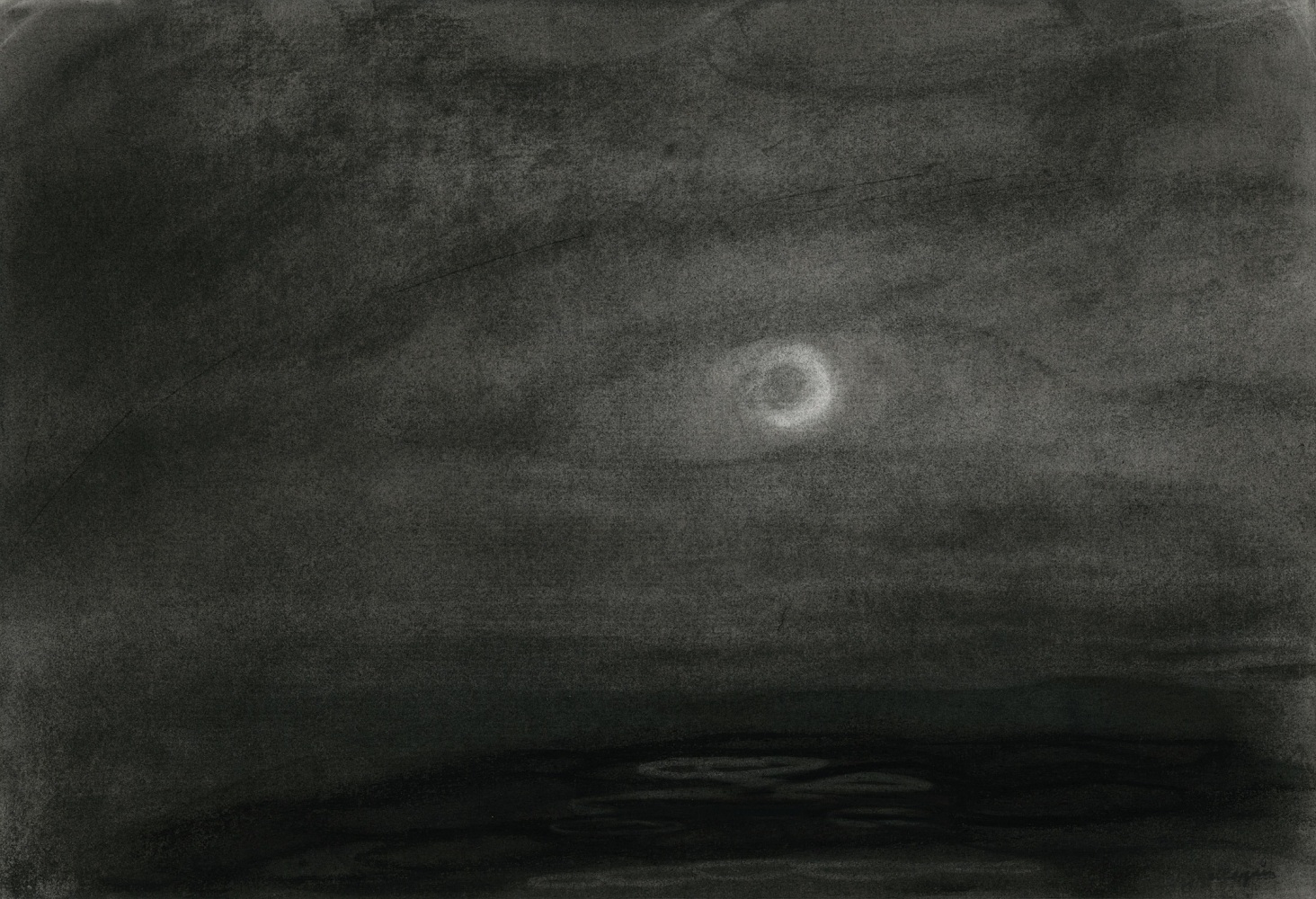 Charcoal landscape drawing of a night sky with moonlight faintly coming through clouds and reflecting on the water below
