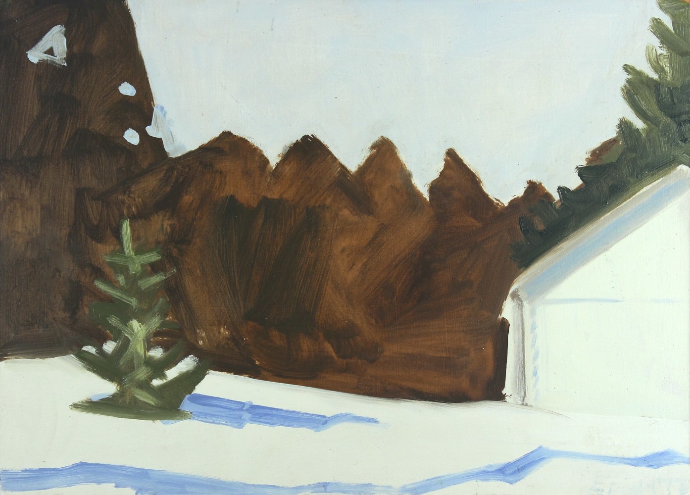 Study in Brown + White of Elliott&amp;#39;s Garage, Jan., 1977, oil on Masonite, 12 3/4 x 17 3/4 inches