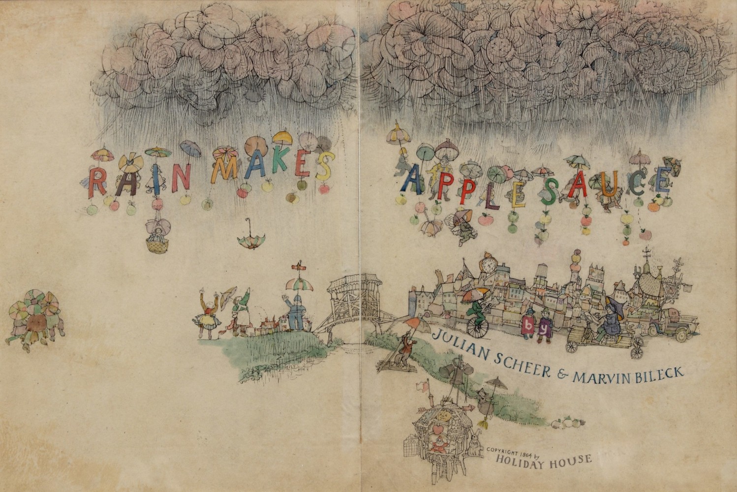 Drawing for a book illustration, with dark rainclouds over a whimsical city-scape populated by various figures, with a text that reads &quot;Rain Makes Applesauce, Julian Scheer &amp; Marvin Bileck&quot;