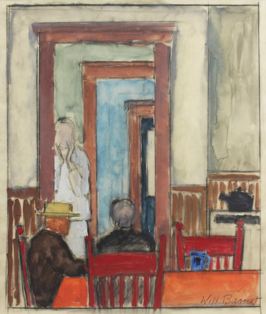 Watercolor painting of three figures in an interior scene