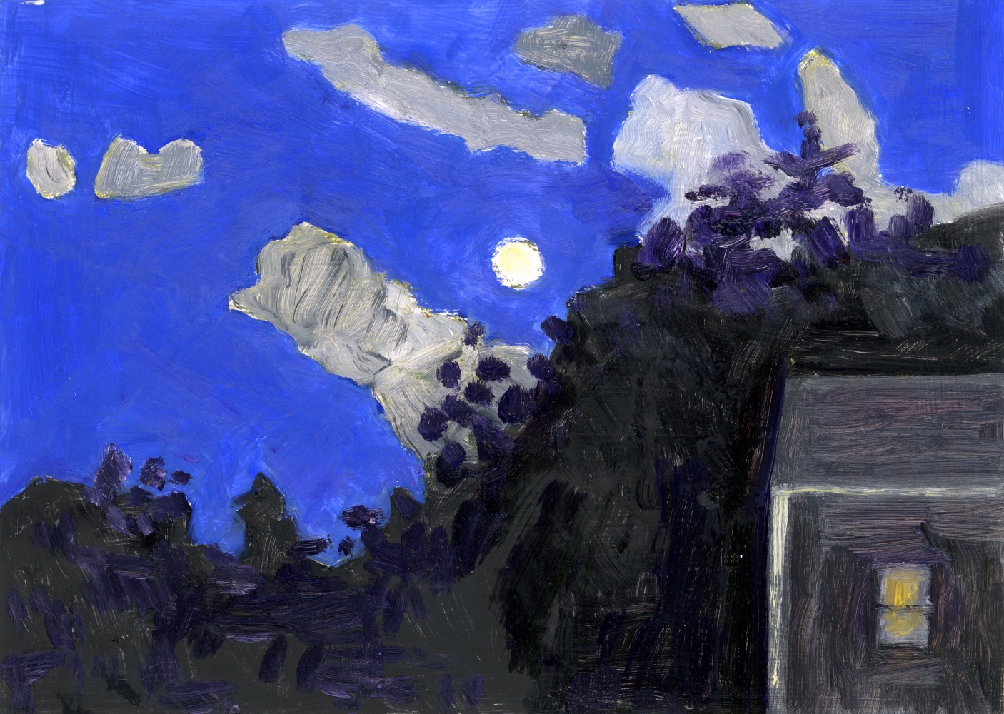 House, Clouds + Moon, 2016, oil on aluminum flashing, 5 x 7 inches
