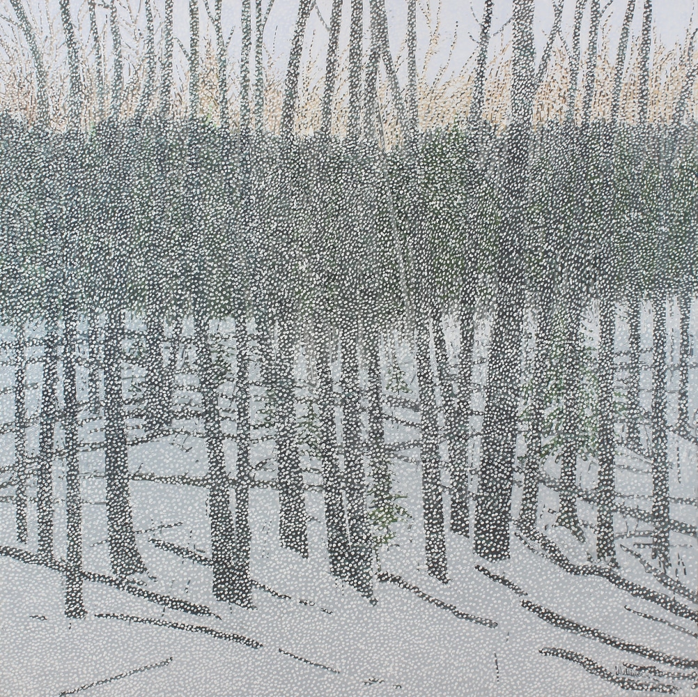 Landscape painting of a forest blanketed in thickly falling snow