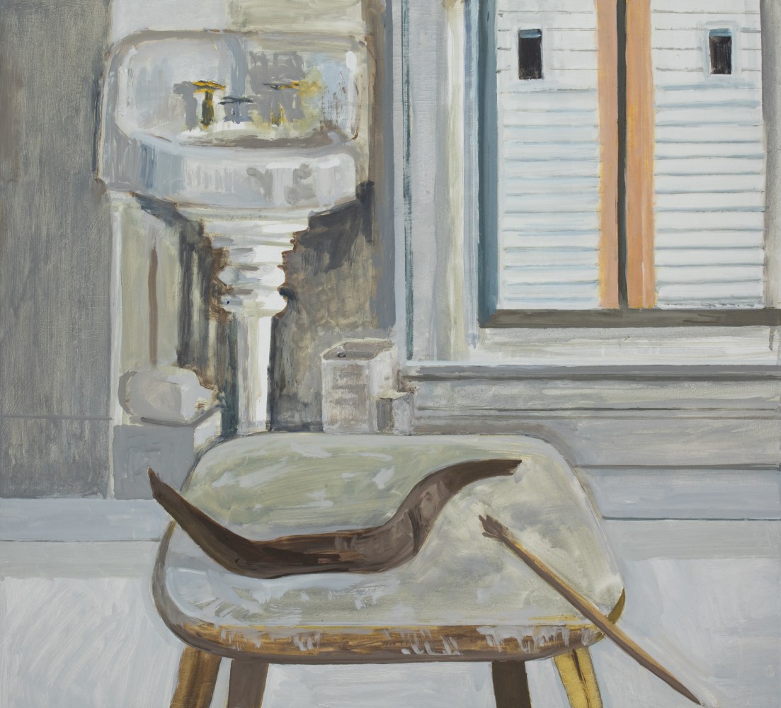 Btown Studio, Sink + Seed Pod + Window, 2022, oil on Masonite, 18 x 19 3/4 inches