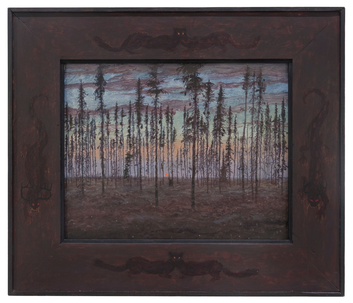 Debaabam, 2025, oil on rag board, 14 3/8 x 16 7/8 inches, including artist&amp;#39;s hand painted frame