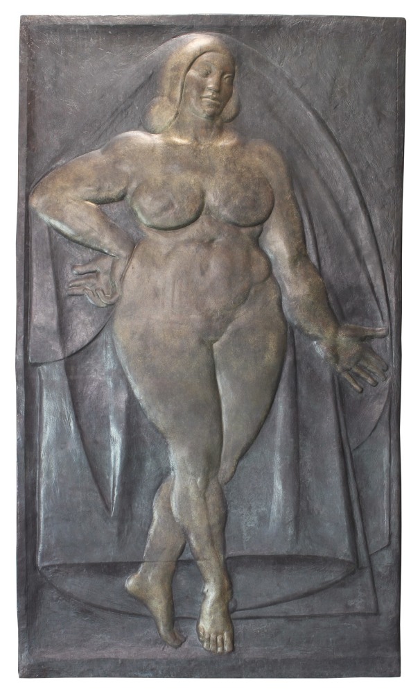 Relief sculpture of a standing nude figure with drapery in the background