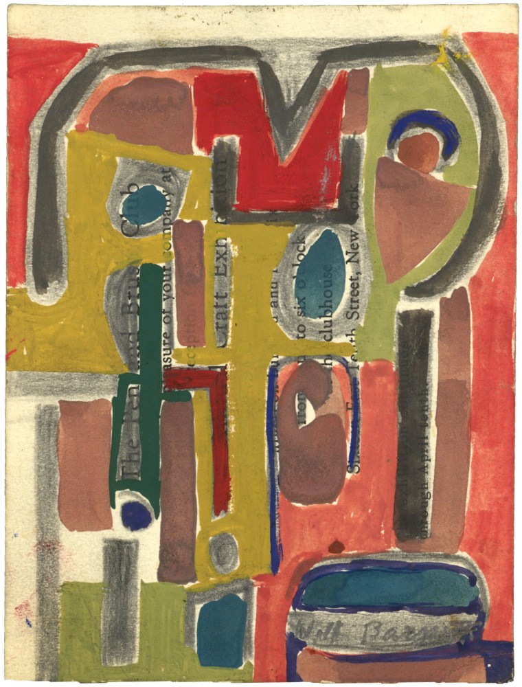 Abstract painting on paper consisting of an arrangement of forms in yellow, grey, red, green, blue, and mauve, with areas of text partially obscured by the paint
