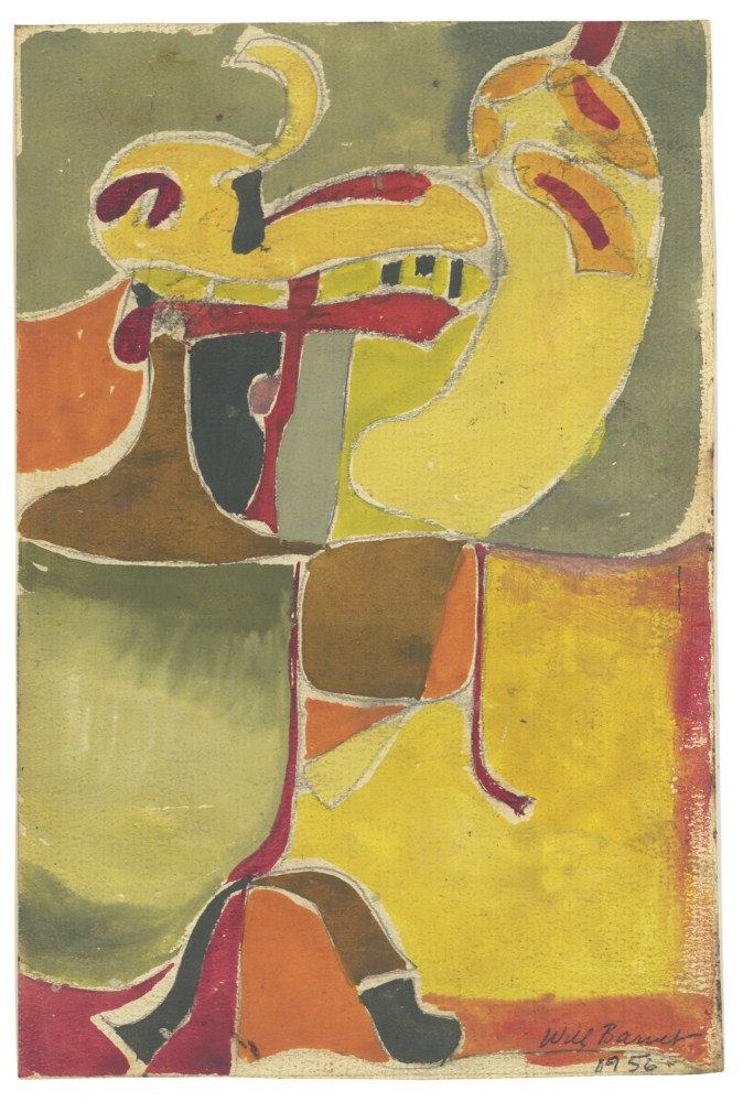 Abstract painting on paper consisting of geometric forms in green, yellow, orange, red and black over and ivory ground