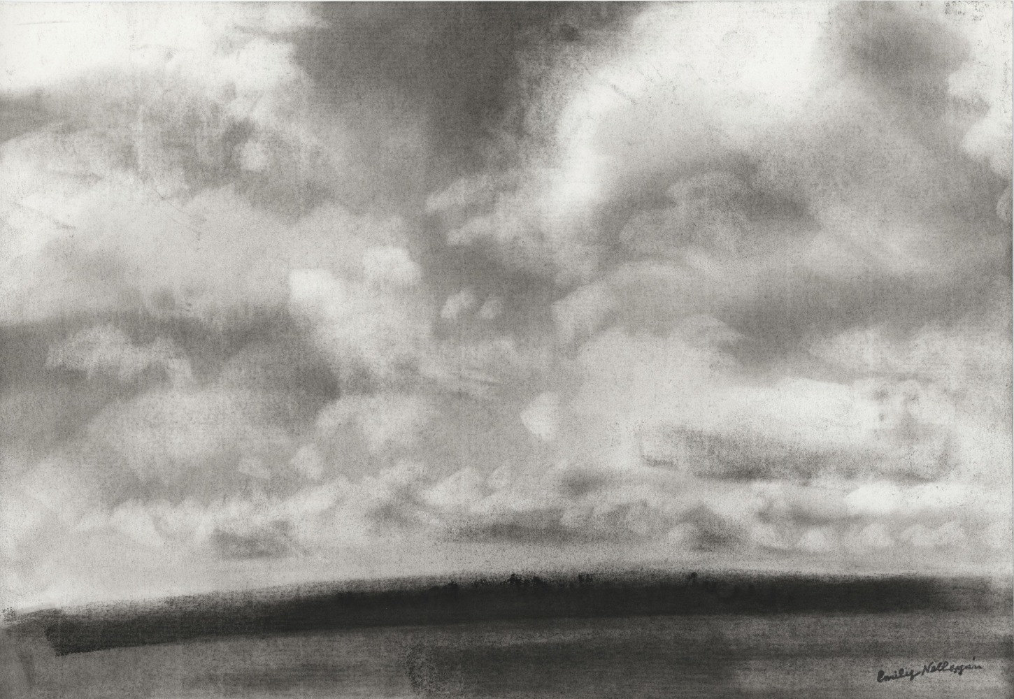 Charcoal landscape drawing of a cloudy sky and land beneath
